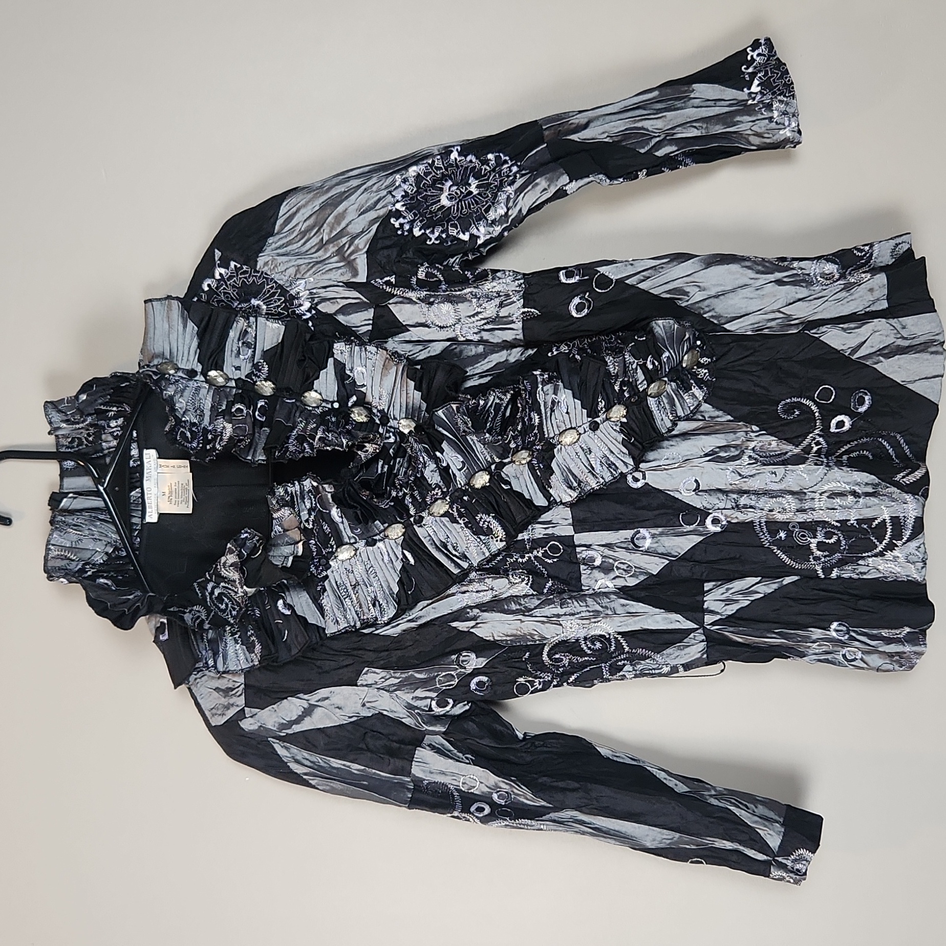 Alberto Makali Embroidered Ruffle Black And Gray Blouse Size Small